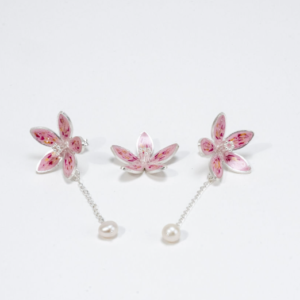 Pink Enameled Silver Floral Earrings and Pendant Set