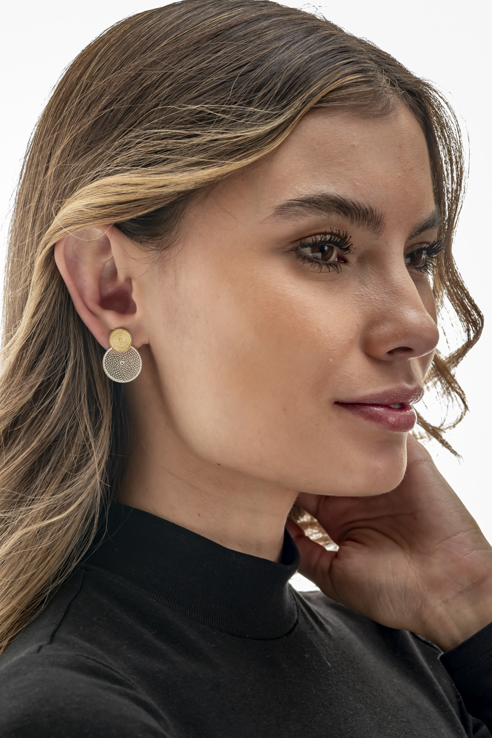 Aretes ciculares doble función (plata con baño de oro)